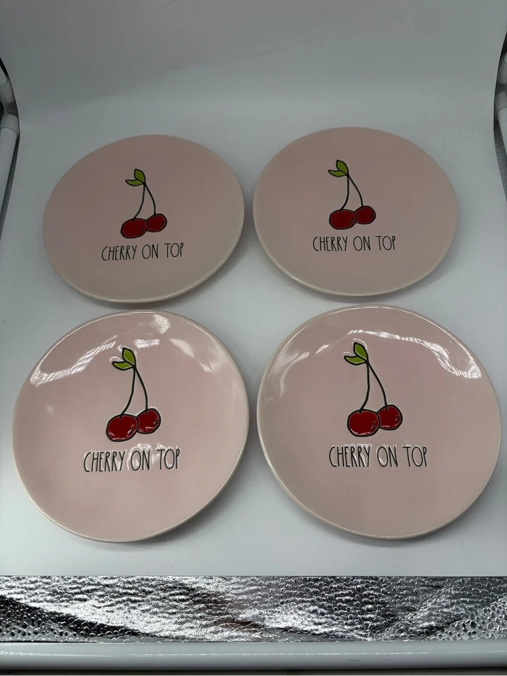 Rae Dunn Pink 'Cherry On Top' Dessert Plates - Red Cherry Design 6”
